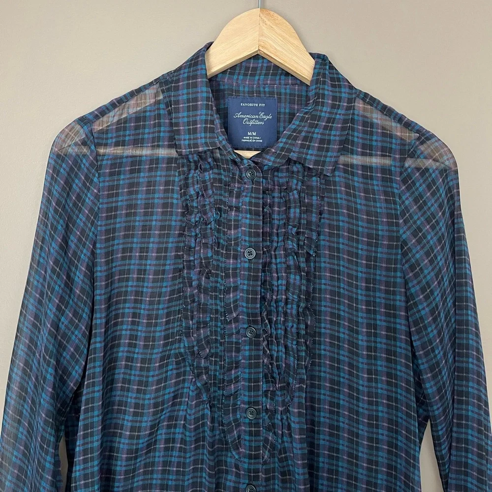{American Eagle} Plaid Semi-Sheer Button Down Shirt with Ruffle Trim - Medium - Picture 2 of 9
